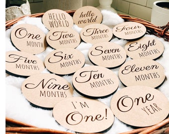 Monthly Milestone Markers for Baby | Birth Announcement | Newborn Photo Prop | Baby Shower Gift | Baby Pictures | Wooden Discs | Wood Signs