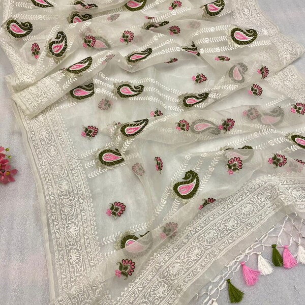 Pure soft Off-white silk organza saree with Lucknowi & silver zari touch up embroidered all over saree with tassels (zalar)  in pallu border