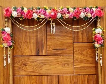 Toran Door Hanging | Bandarwal | Rose Flower With Pearls Door Valance | Diwali Decor | Pooja Mandir Backdrop | Entryway Decoration