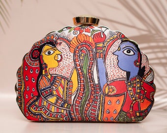 Nomadic Indian Printed Quirky Floral Print Oval Clutch | Girlfriend & Bridesmaid Gift | Multicoloured Everyday Bag | Unique Gifts for Her