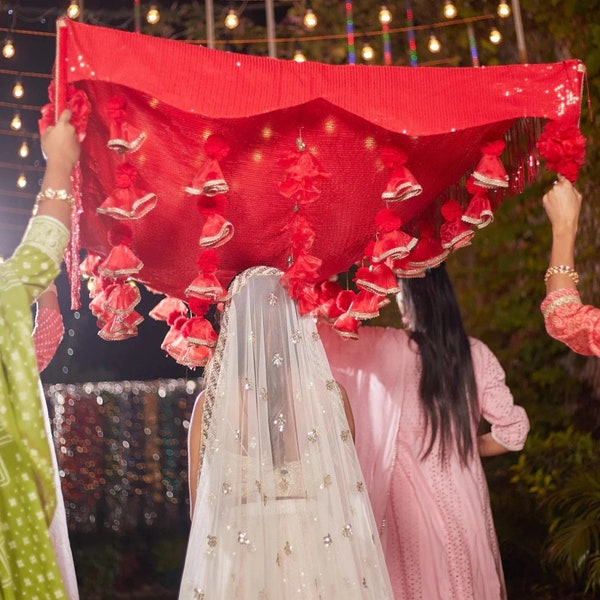 Red Bridal Phulkari Chadar, Bridal Entry Canopy, Indian Punjabi Wedding Bride Entry, Bride Groom Entry, Phoolo KI Chadar, Bride Welcome