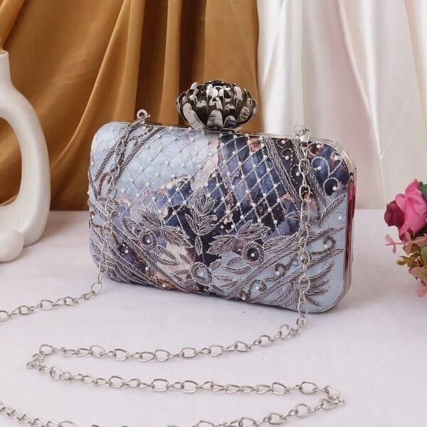 Grey Clutch purse, bag with Mod style design, Sequin embroidery, Lotus knob and sling for Summer, Anniversary and Wedding.