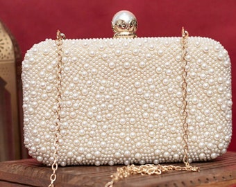 White Pearl Clutch Bag White Evening Bag White bridal purse Pearl bag White Wedding clutch Bag With Long Detachable gold Chain Strap