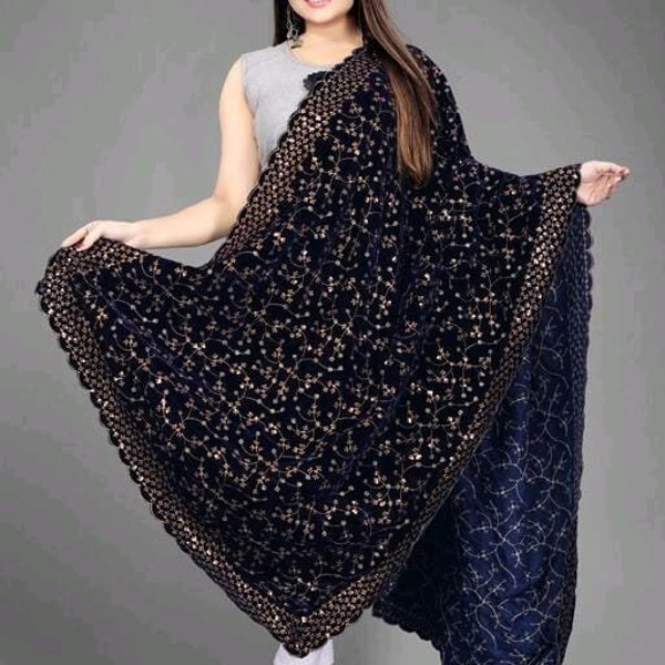 Rakhi spezielle blaue bestickte Samt Dupatta / Schal, 4-seitig bestickte schwere Party- und Hochzeitskleidung indische / pakistanische Dupatta Versandkostenfrei