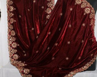 Maroon Embroidered Velvet Dupatta/shawl, 4 sides embroidered heavy party and wedding wear Indian/Pakistani Dupatta free shipping