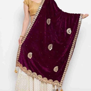 Rakhi Special Wine Embroidered Velvet Dupatta/shawl, 4 sides embroidered heavy party and wedding wear Indian/Pakistani Dupatta free shipping