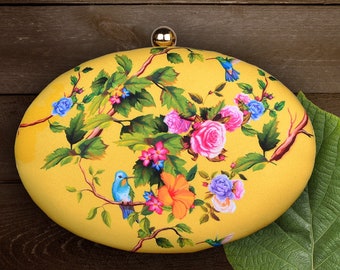 Floral Yellow Clutch Bag - Women Clutch - Printed Women Bag - Oval Shape With Detachable Sling Chain Purse - Wedding Party & Prom Night Bag