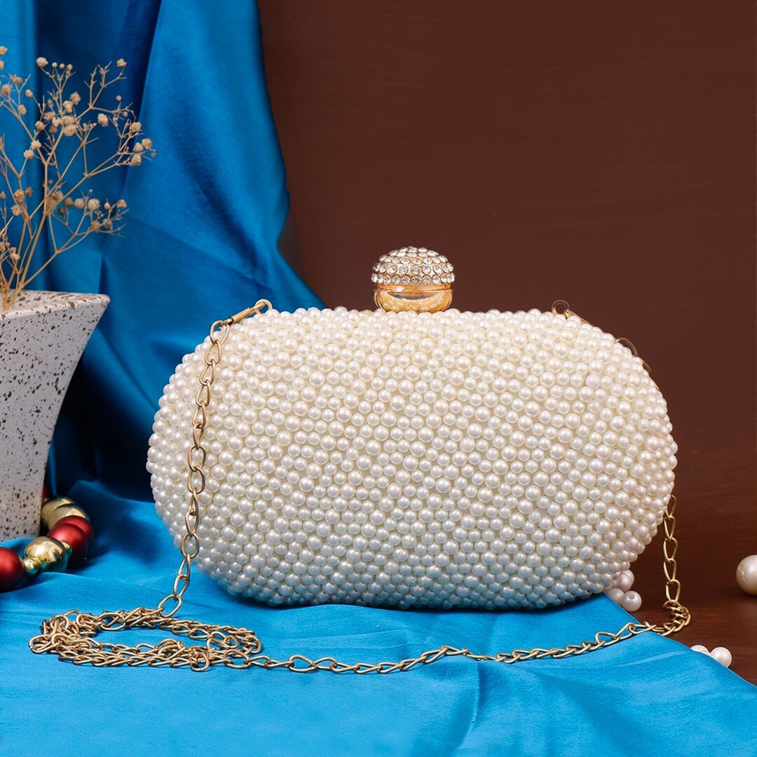 Women's Designer White Pearl Clutch Evening Bag Beads Engraved Bridal