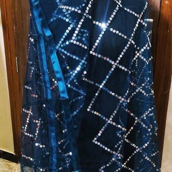 Net Blue Dupatta/shawl, Indian Embroidered Scarf For Women Sequins Work heavy party and wedding wear Indian/Pakistani Dupatta free shipping