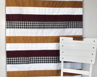 Modern horizontal striped quilt for sale - Gender neutral - Burgundy, Gray, White and Carmel