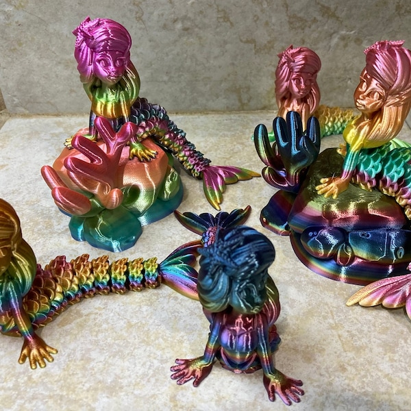 3D Printed Articulated Mermaid with Optional Rock Authorized Printverse 3D PLA Rainbow