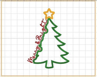 以下が含まれることがあります： 緑色の輪郭で描かれたクリスマスツリーと、頂上に黄色い星が配置された刺繍デザイン。ツリーの左側に沿って、赤色の筆記体でMerry & Brightという文字が縦書きされており、背景には白いグリッド線が表示されています。