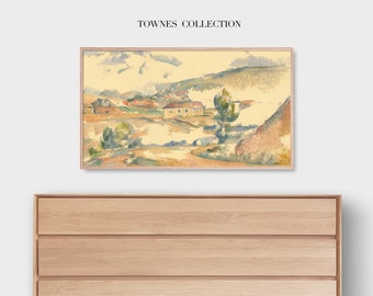 Peut inclure: Une peinture à l'aquarelle encadrée d'un paysage avec une route sinueuse menant à un petit village au loin. La peinture est dans des tons de jaune, bleu et vert, avec un ciel bleu clair.