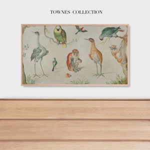 May include: A framed illustration of various animals, including a green parrot, a blue heron, a monkey, a brown bird, a green parrot, and a squirrel. The illustration is on a light beige background with green foliage.