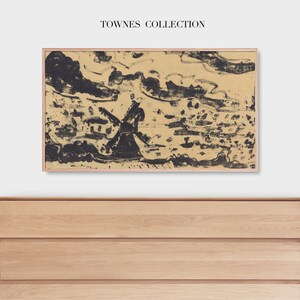 Puede incluir: Una pintura abstracta enmarcada con pinceladas negras y marrones sobre un fondo beige. La pintura está colgada sobre una cómoda de madera con cuatro cajones.