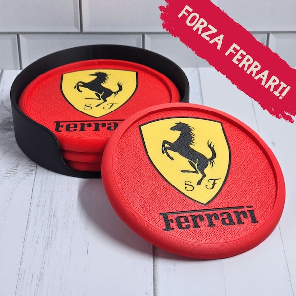 Ferrari Coaster Set with Carbon Fiber Reinforced Holder | Set of 4 3D Printed Ferrari Coasters | Formula 1 Fan Gift Idea | Ferrari F1 Gift