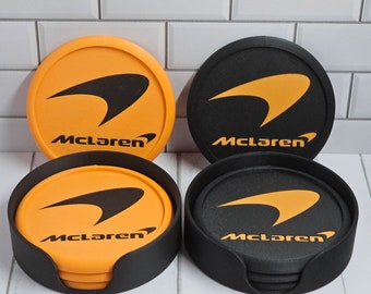 McLaren Coaster Set of 4 with Carbon Fiber Reinforced Holder | Two Color Options | Great Formula 1 Fan Gift | McLaren F1 | Motorsport Gift