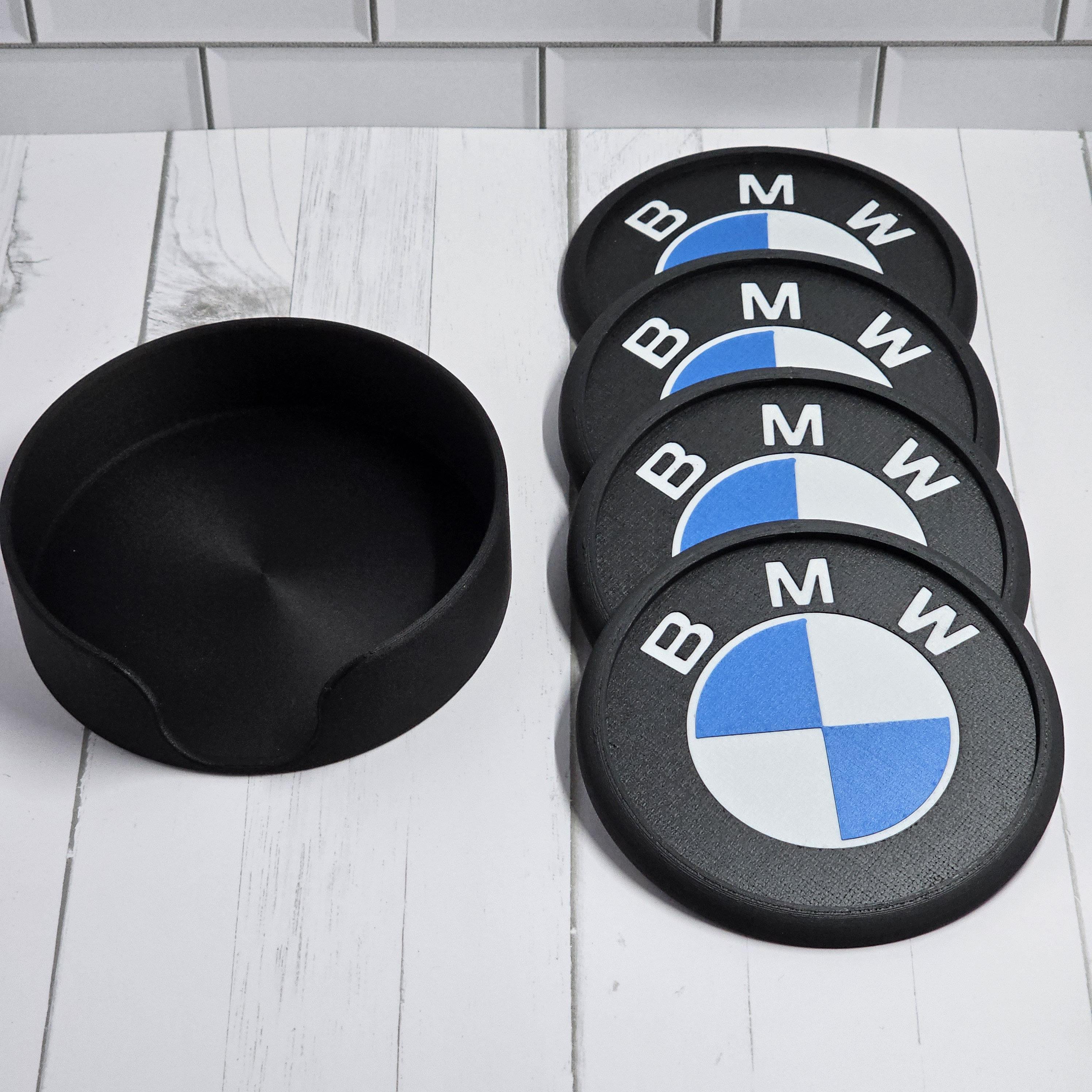 BMW Coaster Set With Carbon Fiber Reinforced Holder Sleek Black With