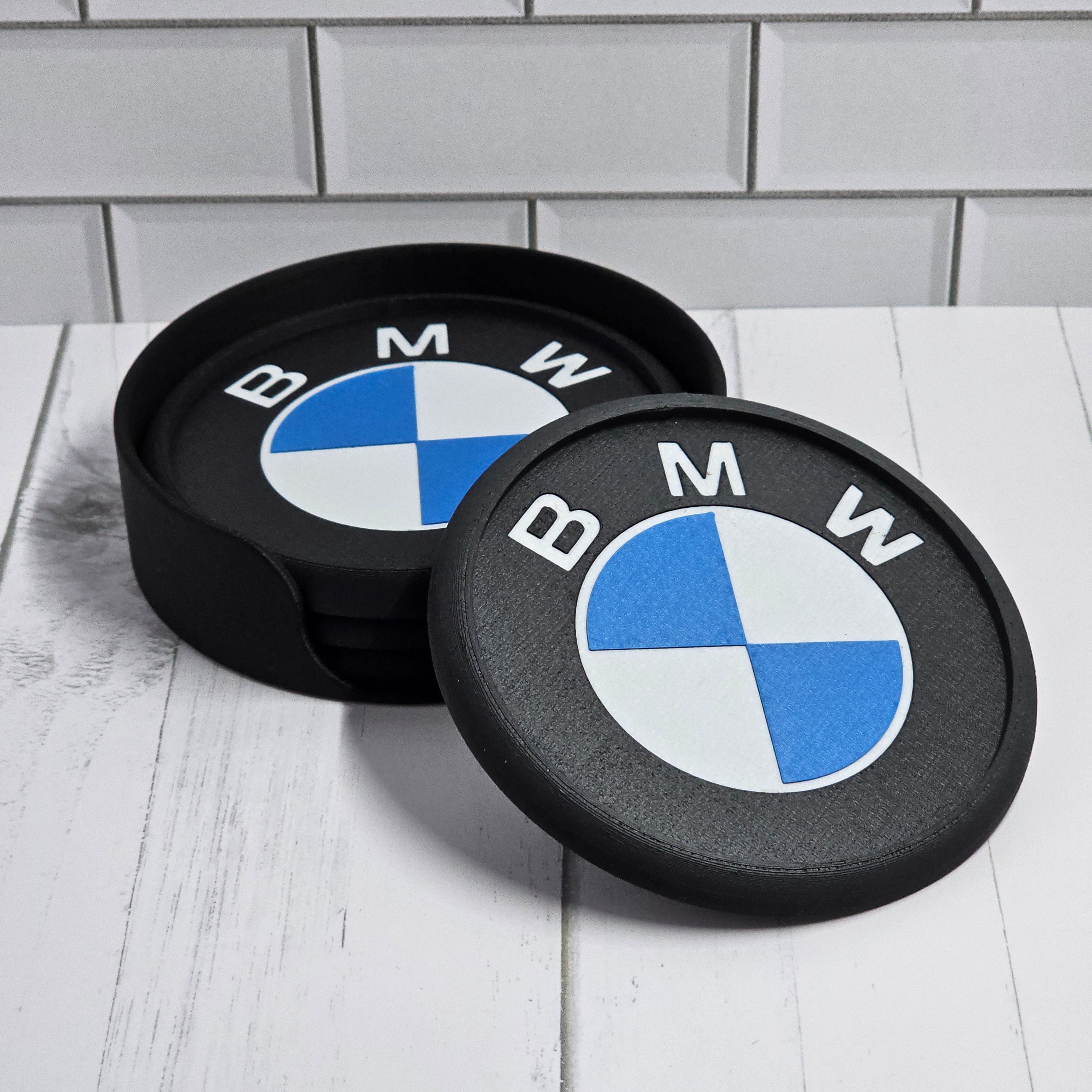 BMW Coaster Set With Carbon Fiber Reinforced Holder Sleek Black With