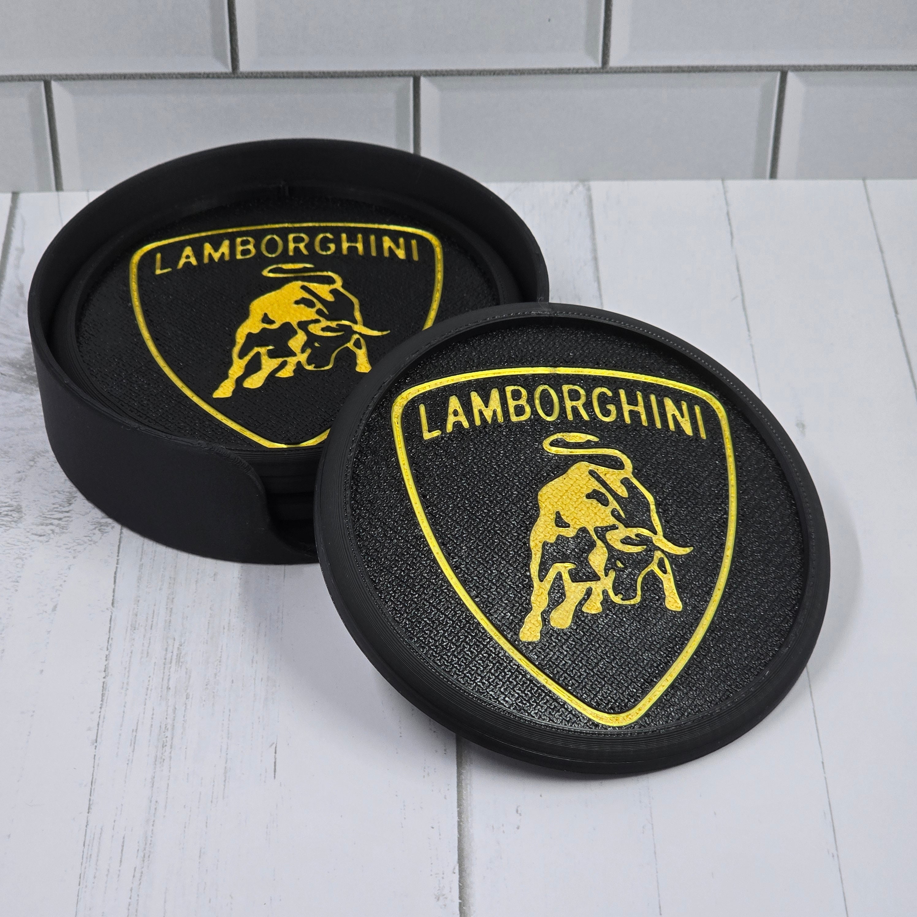 Lamborghini Logo Coaster Set with Carbon Fiber Reinforced Holder | Sleek Black with Gold 3D Printed Coasters | Great Lambo Car Gift