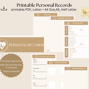 Puede incluir: Formularios imprimibles de registros personales en marrón y blanco con un icono de corazón y el texto "Registros personales". Los formularios incluyen secciones para el pasaporte, el certificado de matrimonio, la licencia de conducir, el registro de votantes, la información médica, la información vital y la información personal.