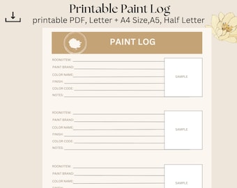 Paint Color Log - Household Paint Colour Tracker - home organizer- Printable PDF - Household Management - Instant Download