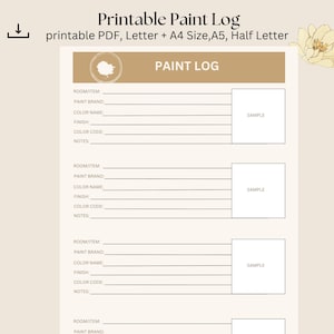 Paint Color Log - Household Paint Colour Tracker - home organizer- Printable PDF - Household Management - Instant Download