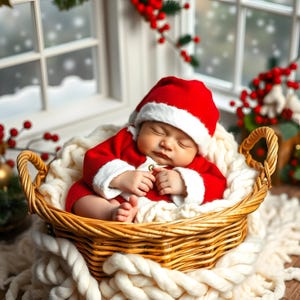 Puede incluir: Un bebé durmiendo con un gorro de Papá Noel rojo y blanco y un traje de Papá Noel rojo y blanco está acostado en una cesta de mimbre forrada con hilo blanco. El bebé está rodeado de hilo blanco y bayas rojas.
