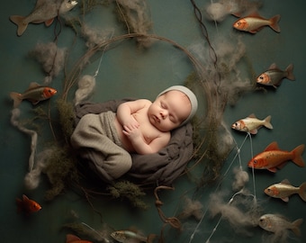 Nyarose Newborn Backdrop of Fishing Line nd Fish Around Him - Digital Background for Newborn - Newborn Backdrop -  Newborn Photography