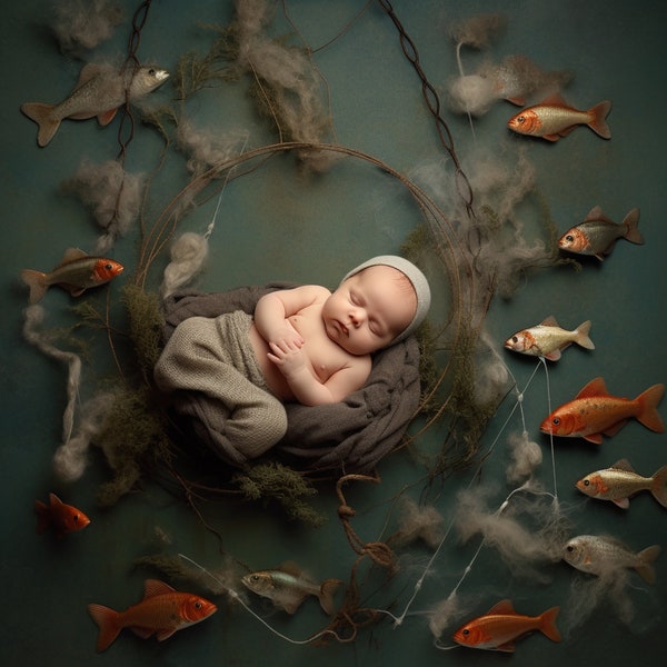 Nyarose Newborn Backdrop of Fishing Line nd Fish Around Him - Digital Background for Newborn - Newborn Backdrop -  Newborn Photography