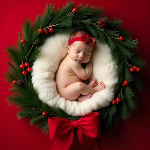 May include: A newborn baby sleeps peacefully inside a Christmas wreath. The wreath is made of green pine branches, red berries, and a large red bow. The baby wears a red headband with a flower.