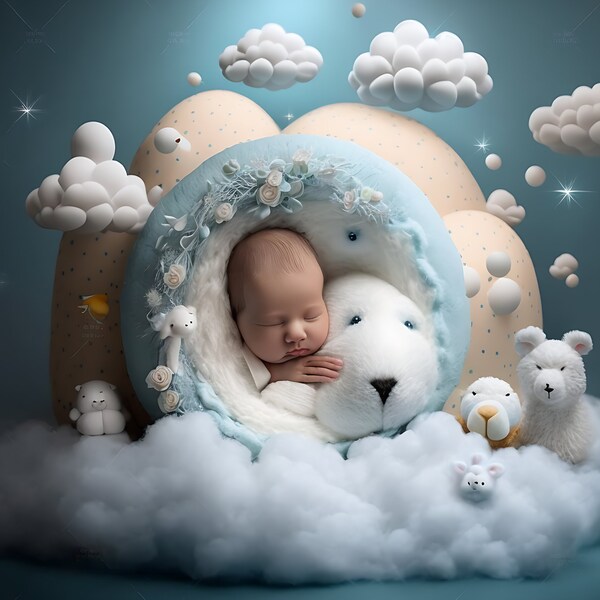 White Bear baby backdrop, Newborn accessories, digital photography for babies.
