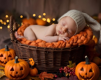 Halloween Basket Baby Backdrop - Newborn Digital Backdrop/Background, Fall, Pumpkin, Halloween Backdrops, Halloween Themed Backdrop