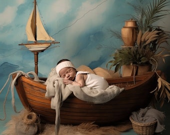 Nyarose Newborn Backdrop in a Small Wooden Boat - Digital Background for Newborn - Newborn Backdrop -  Newborn Photography
