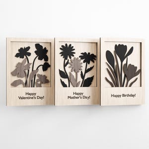 Set of Holiday 3D Cards SVG, Floral Greeting Сards Laser Cut, Glowforge, DIY Mom Gift, Bouquet DXF, Eps, Ai, Wooden Flowers Card