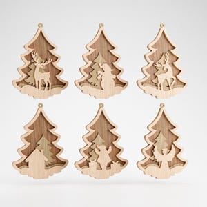 クリスマスツリーのおもちゃ SVG バンドル | Glowforge 用レーザーカット ファイル | ホリデー クラフト & デコレーション、クリスマス オーナメント DXF テンプレート、EPS、クリスマス