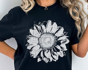 Distressed Grunge Sunflower Shirt | Vintage Oversized Shirt, Floral Shirt, Travel Shirt, Shirts for Women, Rock Shirt, Comfort Colors