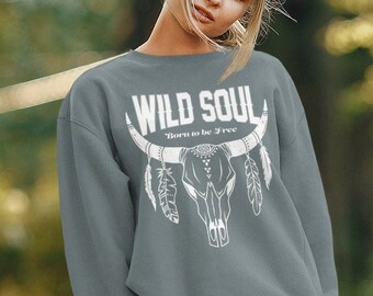 Wild Soul Born to be Free Koskalletröja | Westerntröja, Sydväst, Boho Koskalle, Howdy, Vilda Västern Överdimensionerad Tröja