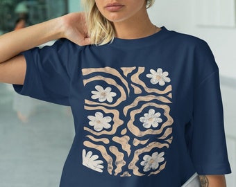 Camisa branca abstrata Art Nouveau do Wildflower | Camisa Boho Wildflowers, floral, camisa natural, vintage, camisa grande, cores confortáveis