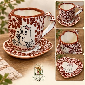 Talavera  Ghost Mug & Saucer Set, Hand Painted Mexican Pottery, Halloween Coffee Cup, Spooky Fantasma Taza, Mexican Folk Art