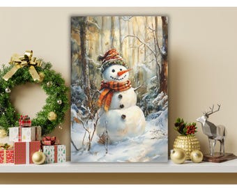 Schneemann Leinwand Kunst, rustikale Winterwald, Urlaub Dekor