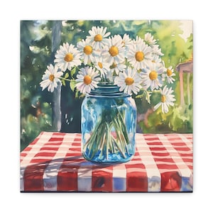 Daisy Bouquet Wall Art, Daisies in a Blue Canning Jar, Daisy Bouquet Art Canvas, Summer Wall Art, Floral Wall Art, Daisy Decor, Floral Decor