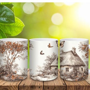 May include: White ceramic mug featuring a sepia-toned illustration of a cottage, trees, and butterflies. The mug has a white handle and a detailed landscape design. The design wraps around the mug, creating a cohesive scene.