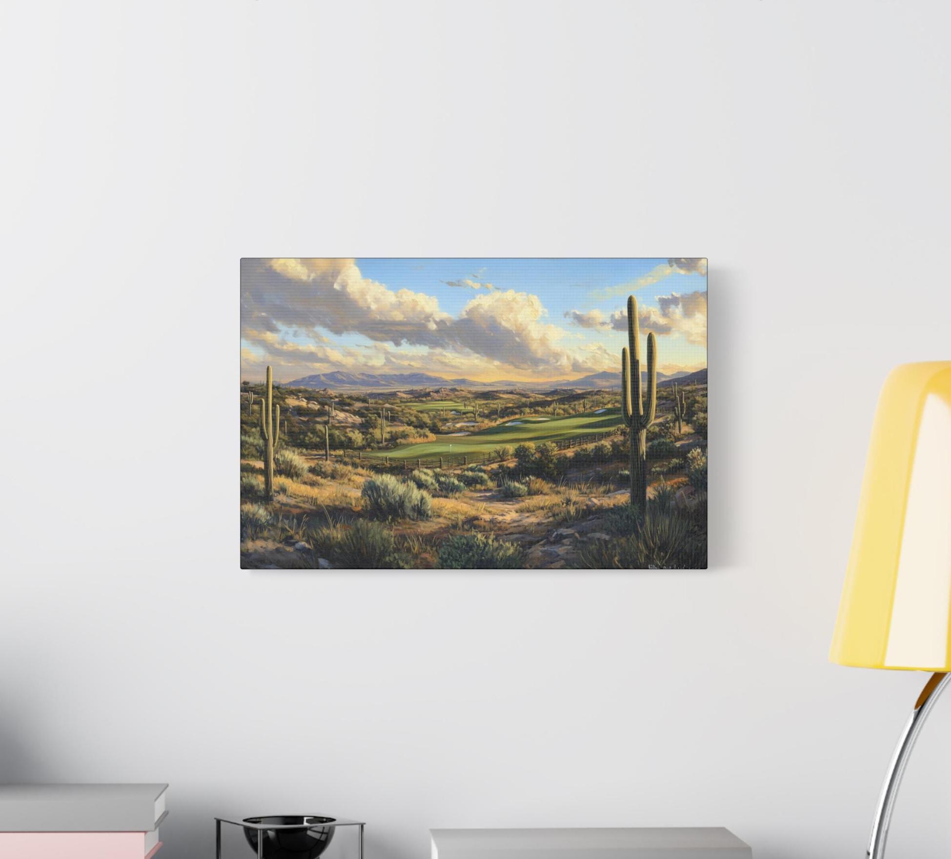 Lienzo decorativo de campo de golf en el desierto, decoración de campo de golf, campo de golf del oeste, decoración de pared del desierto, cactus y artemisa, arte mural de campo de golf