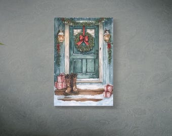 Rustic Christmas Front Door Canvas Art, Cowboy Boots Holiday Decor