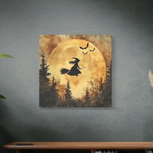 Halloween Witch Wall Art Canvas, Witchy Moon Canvas Art, Halloween Decor, Magical Wall Hanging, Spooky Home Decor, Spooky Wall Art, Fall Art