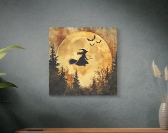 Halloween Witch Canvas Art, Spooky Moon Wall Hanging