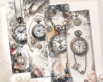 Puede incluir: Cuatro marcapáginas con relojes de bolsillo antiguos con cadenas, sobre un fondo de efímeras vintage, incluyendo monedas, flores y notas manuscritas. La paleta de colores es principalmente en escala de grises con toques sepia y rosa pálido.