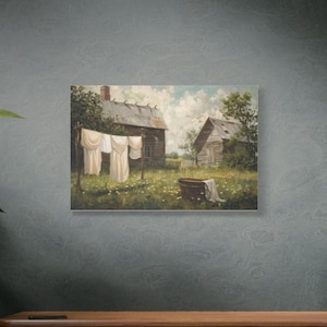 Rustic Farmhouse Wall Art Canvas, Vintage Laundry Line Scene, Country Farmhouse Wall Decor, Rustic Country Art Print, Farmhouse Decor
