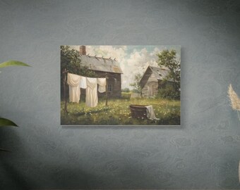 Lienzo rústico con escena vintage de tendedero, decoración de pared campestre